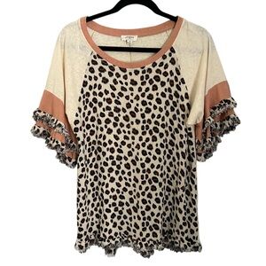 Umgee Cream and Tan Ruffled Short Sleeve Tee